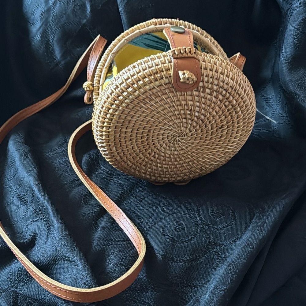 Handwoven Round Rattan Straw Crossbody Bag with floral interior  8”